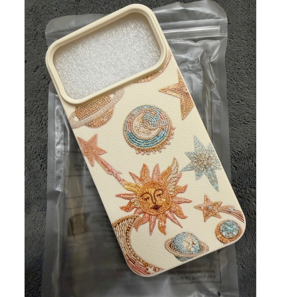 iPhone 17 Pro Max Cream New Celestial 2D Embroidery Sun Moon - Picture 2 of 5